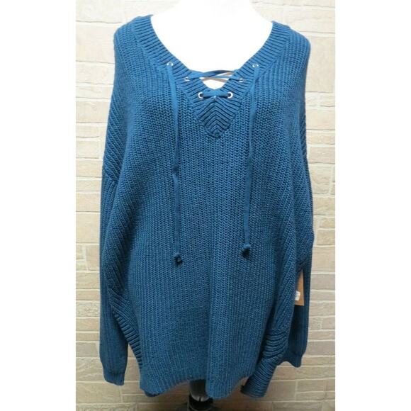 NEW Ruff Hewn Plus Size 2X Sweater Teal Blue Lace Up Neck NWT - Picture 1 of 7